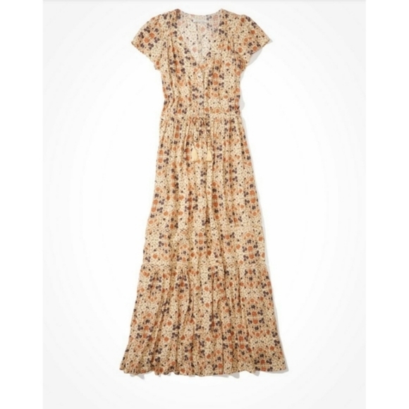 American Eagle Floral Printed Tie Waist Button Front Tiered Maxi Dress Size XL - Picture 8 of 12